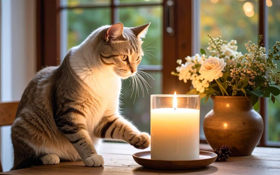 A tabby cat sits on a wooden table, reaching toward a lit candle in a glass jar. A vase with white flowers and a pine cone are nearby. Sunlight filters through a window in the background.