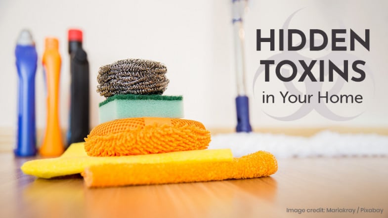 A stack of sponges and cleaning cloths on a wooden floor, with cleaning bottles and a mop in the background. Text reads: “HIDDEN TOXINS in Your Home.”.