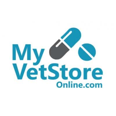 Logo showing “My VetStore Online.com” in blue text, with two pill icons above the words. The pill is split, with one half blue and one half gray, and a blue circle beside it.