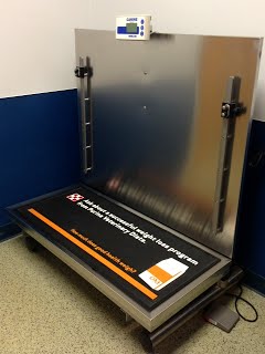 A stainless steel veterinary scale with an electronic display is set up against a wall, featuring a mat with Purina branding and animal health messaging.